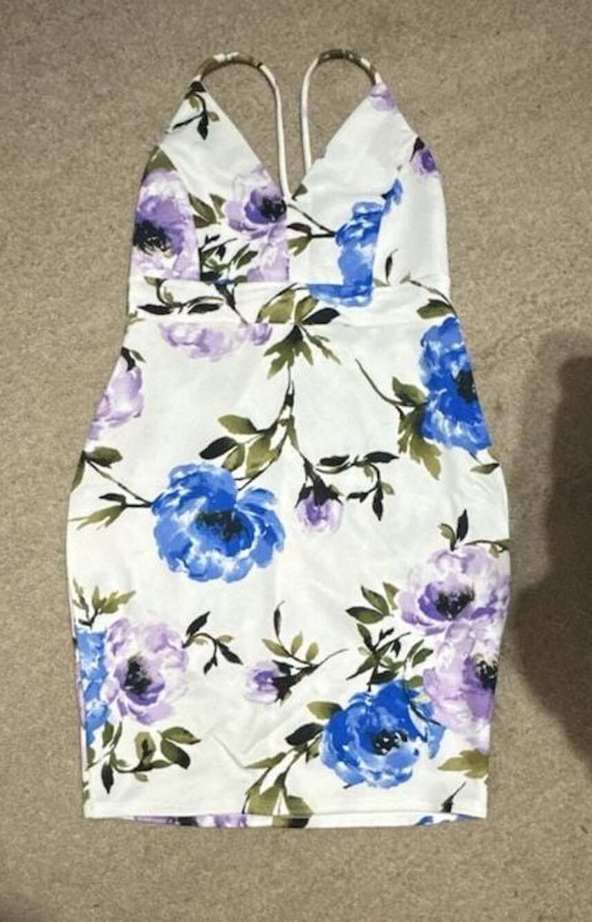 Blāshe Floral Midi Dress Size L White Blue Purple Lace Backless Spaghetti Strap